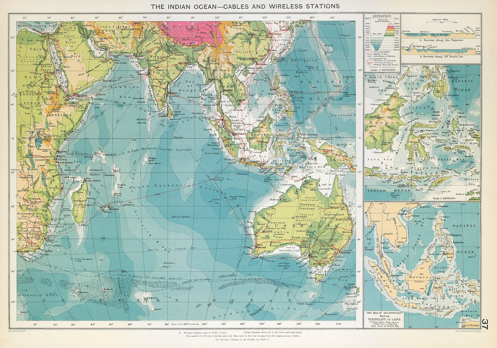 Indian Ocean. Cables Wireless Stations. Land visibility. Shipping lines 1927 map